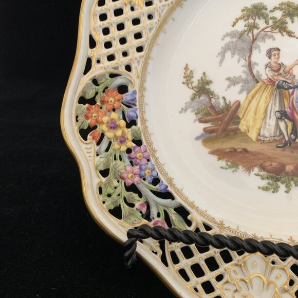 Helena Wolfsohn Reticulated Plate 8.5" Watteau Couple Scene Dresden Germany 1 - Picture 6 of 9